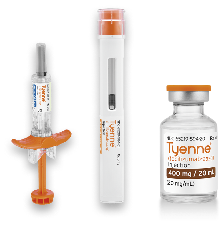 Three administration methods of TYENNE: pre-filled syringe, autoinjector, and IV vial