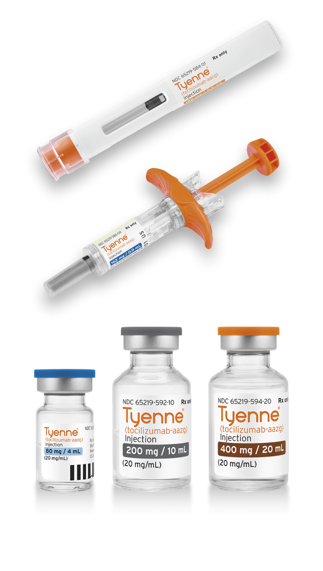 Three administration methods of TYENNE: pre-filled syringe, autoinjector, and IV vials