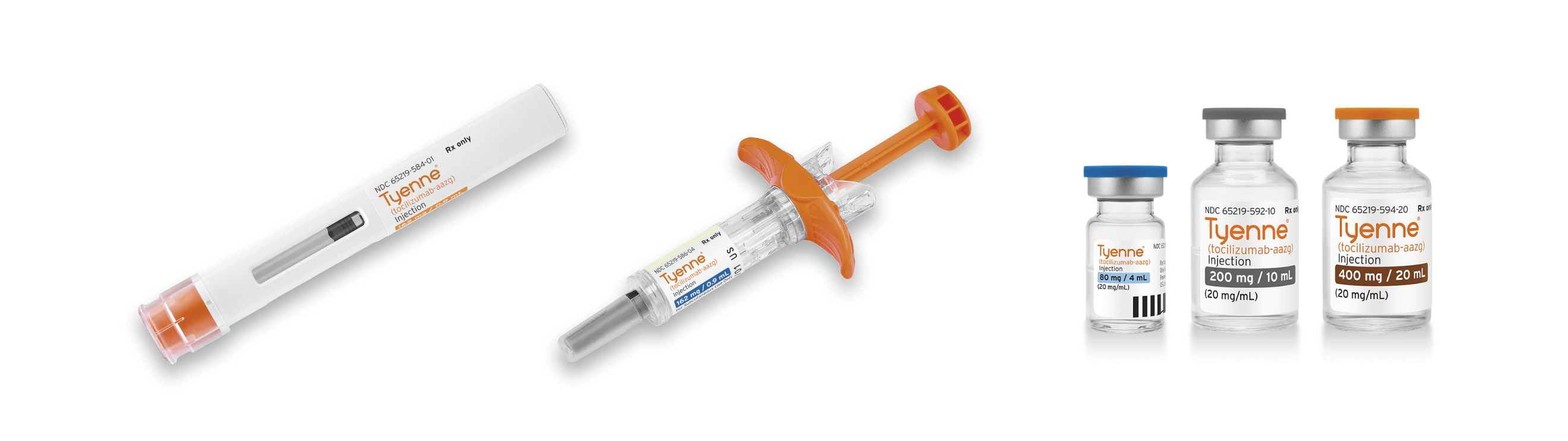 Three administration methods of TYENNE: pre-filled syringe, autoinjector, and IV vials
